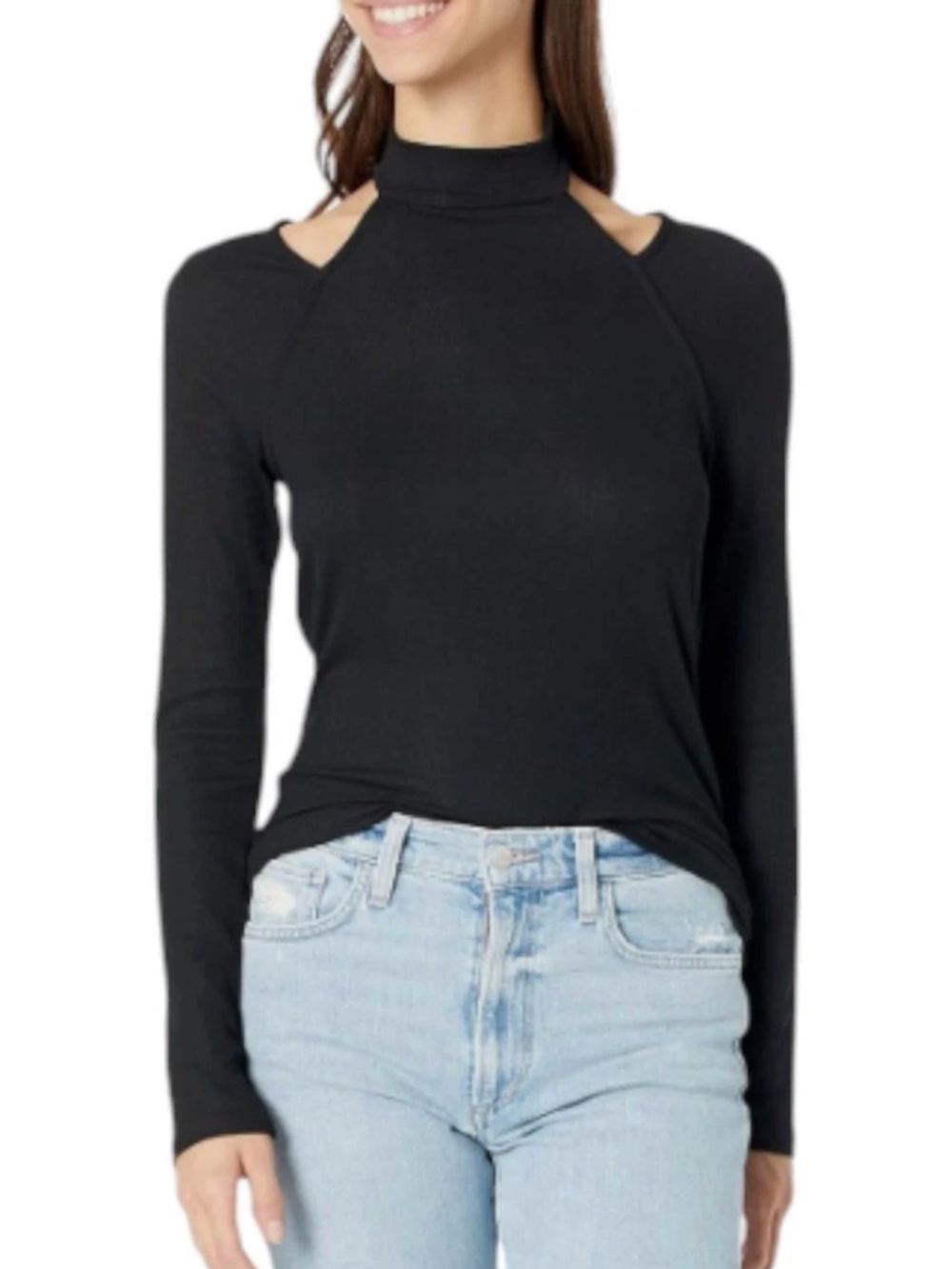 Paige Women's Beatriz Turtle Neck Cut Out Shoulder Black Size Large